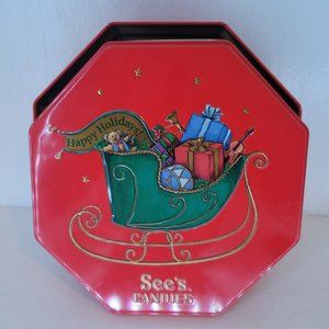 See's Candies Happy Holidays! Red Octagonal 8 Christmas Hannukah Cookie Tin